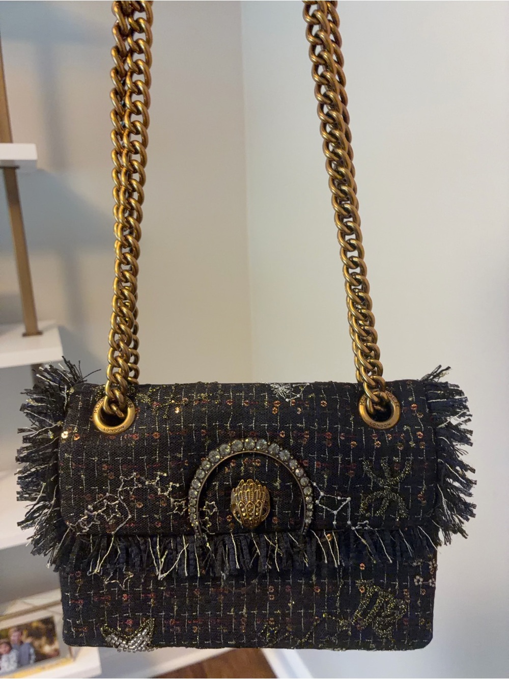 Kurt Geiger Black Tweed Shoulder Bag with Gold Chain and Jeweled Clasp